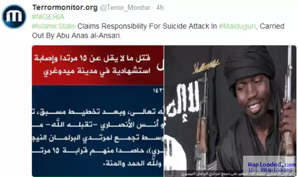 ISIS claims reponsibility for bomb attack in Maiduguri today